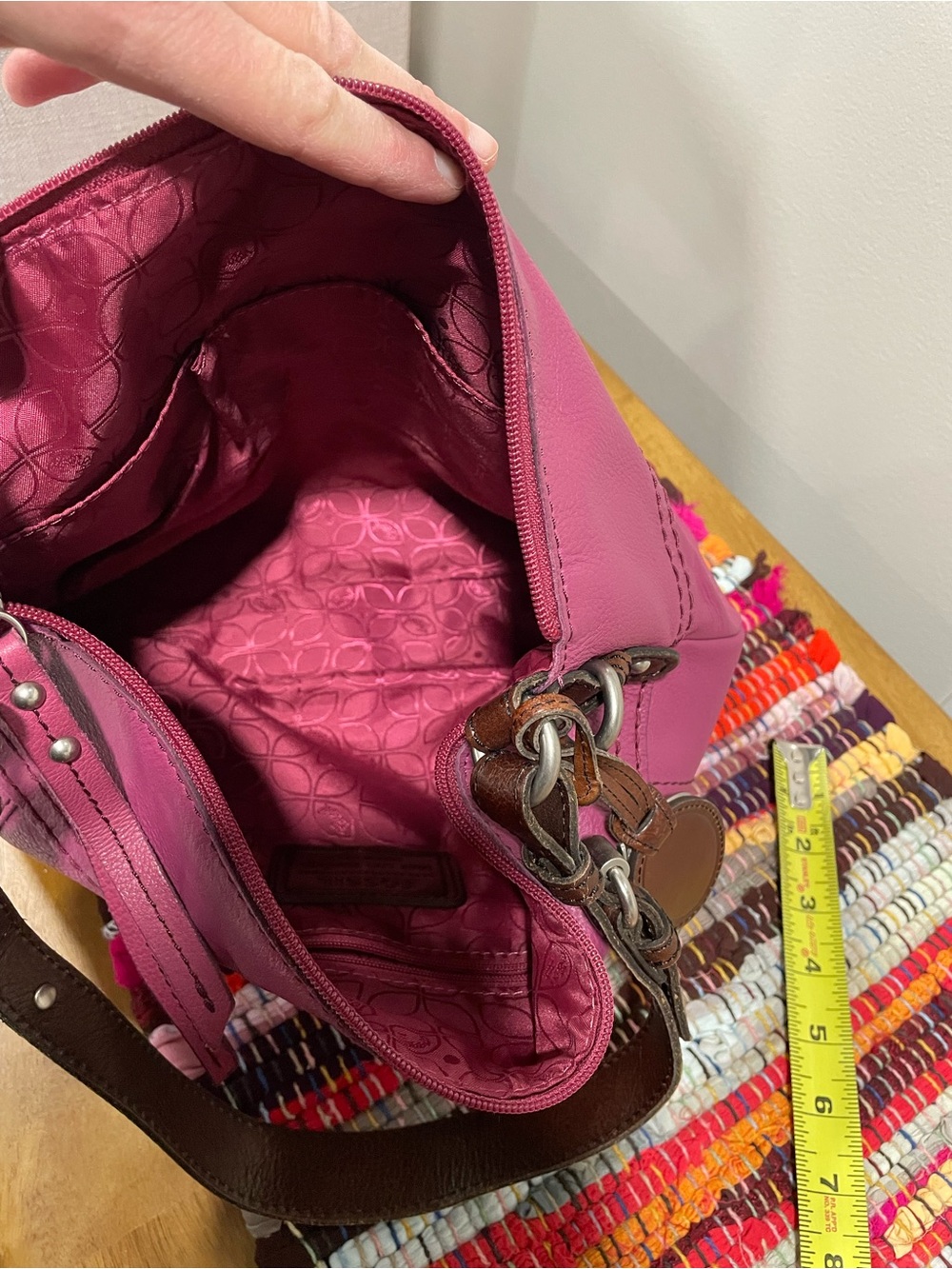 Fossil Pink Leather Shoulder Bag with Dark Brown Strap - Picture 7 of 9